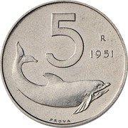 Italy 5 Lire (Rudder. Pattern) KM# Pr79 1951 5 R PROVA coin reverse Italy 5 Lire (Rudder. Pattern) KM# Pr79 1951 5 R PROVA coin reverse