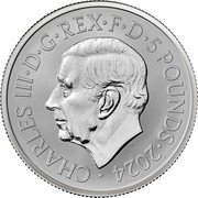 UK 5 Pounds The British Lion and The American Eagle. Privy Bell. Frosted 2024 CHARLES III D G REX F D 5 POUNDS 2024 MJ coin obverse UK 5 Pounds The British Lion and The American Eagle. Privy Bell. Frosted 2024 CHARLES III D G REX F D 5 POUNDS 2024 MJ coin obverse