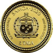 Samoa 5 Tala (Serpent of Milan) FA'AVAE I LE ATUA SAMOA 5 TALA SAMOA 2020 0.2 TROY OUNCE 9999 FINE GOLD coin obverse
