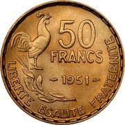 France 50 Francs (Marianne. Rooster. Piedfort) 50 FRANCS 1951 LIBERTE EGALITE FRATERNITE coin reverse France 50 Francs (Marianne. Rooster. Piedfort) 50 FRANCS 1951 LIBERTE EGALITE FRATERNITE coin reverse