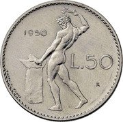 Italy 50 Lire (Vulcan. Pattern) KM# Pn42.1 1950 L.50 R PROVA IN ITALMA coin reverse Italy 50 Lire (Vulcan. Pattern) KM# Pn42.1 1950 L.50 R PROVA IN ITALMA coin reverse