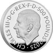 UK 500 Pounds (Lunar Year of the Snake 蛇) CHARLES III D G REX F D 500 POUNDS 2025 MJ coin obverse