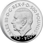 UK 500 Pounds (The British Lion and The American Eagle. Privy Bell. Frosted) CHARLES III D G REX F D 500 POUNDS 2024 MJ coin obverse