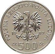 Poland 500 Zlotych 50th Anniversary of the Beginning of World War II. Trial Strike 1989 MW POLSKA RZECZPOSPOLITA LUDOWA 19 89 MW ZŁ 500 ZŁ coin obverse