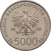 Poland 5000 Zlotych 10th Anniversary of the Election of Pope Ioannes Paulus II. Trial Strike 1988 MW POLSKA RZECZPOSPOLITA LUDOWA 19 88 MW ZŁ 5000 ZŁ coin obverse Poland 5000 Zlotych 10th Anniversary of the Election of Pope Ioannes Paulus II. Trial Strike 1988 MW POLSKA RZECZPOSPOLITA LUDOWA 19 88 MW ZŁ 5000 ZŁ coin obverse