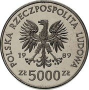 Poland 5000 Zlotych King Wladyslaw II Jagiellon. Trial Strike 1989 MW POLSKA RZECZPOSPOLITA LUDOWA 19 89 MW ZŁ 5000 ZŁ coin obverse