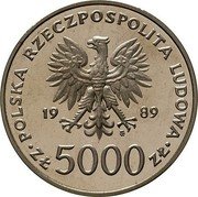 Poland 5000 Zlotych (Pope John Paul II. Trial Strike) POLSKA RZECZPOSPOLITA LUDOWA 19 89 MW ZŁ 5000 ZŁ coin obverse