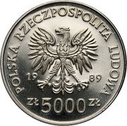 Poland 5000 Zlotych (Torun. Trial Strike) POLSKA RZECZPOSPOLITA LUDOWA 19 89 MW ZŁ 5000 ZŁ coin obverse