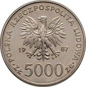 Poland 5000 Zlotych Visit of Pope John Paul II. Trial Strike 1987 MW POLSKA RZECZPOSPOLITA LUDOWA 19 87 MW ZŁ 5000 ZŁ coin obverse Poland 5000 Zlotych Visit of Pope John Paul II. Trial Strike 1987 MW POLSKA RZECZPOSPOLITA LUDOWA 19 87 MW ZŁ 5000 ZŁ coin obverse