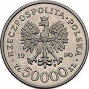 Poland 50000 Zlotych 10th Anniversary of the Forming the Solidarity Trade Union. Trial Strike 1990 MW RZECZPOSPOLITA POLSKA 19 90 MW ZŁ 50000 ZŁ coin obverse Poland 50000 Zlotych 10th Anniversary of the Forming the Solidarity Trade Union. Trial Strike 1990 MW RZECZPOSPOLITA POLSKA 19 90 MW ZŁ 50000 ZŁ coin obverse