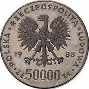 Poland 50000 Zlotych 70th Anniversary of Poland Regaining Independence. Trial Strike 1988 MW POLSKA RZECZPOSPOLITA LUDOWA 19 88 MW ZŁ 50000 ZŁ coin obverse Poland 50000 Zlotych 70th Anniversary of Poland Regaining Independence. Trial Strike 1988 MW POLSKA RZECZPOSPOLITA LUDOWA 19 88 MW ZŁ 50000 ZŁ coin obverse
