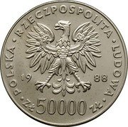 Poland 50000 Zlotych (70th Anniversary of Poland Regaining Independence. Trial Strike) POLSKA RZECZPOSPOLITA LUDOWA 19 88 MW ZŁ 50000 ZŁ coin obverse Poland 50000 Zlotych (70th Anniversary of Poland Regaining Independence. Trial Strike) POLSKA RZECZPOSPOLITA LUDOWA 19 88 MW ZŁ 50000 ZŁ coin obverse