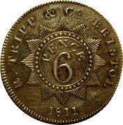 UK 6 Pence (Somersetshire. Bristol Bridge. R.Tripp & Co.) R. TRIPP & CO. BRISTOL PENCE 6 1811 coin obverse UK 6 Pence (Somersetshire. Bristol Bridge. R.Tripp & Co.) R. TRIPP & CO. BRISTOL PENCE 6 1811 coin obverse