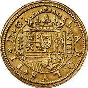 Spain 8 Escudos (Charles II. Segovia Mint. 1st Type) CAROLVS II D G M VIII coin obverse Spain 8 Escudos (Charles II. Segovia Mint. 1st Type) CAROLVS II D G M VIII coin obverse
