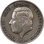Niue Twelve Dollars Sagittarius 2024 Proof CHARLES III NIUE 5OZ AG 999 TWELVE DOLLARS JC 2024 coin obverse Niue Twelve Dollars Sagittarius 2024 Proof CHARLES III NIUE 5OZ AG 999 TWELVE DOLLARS JC 2024 coin obverse
