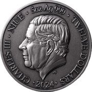 Niue Twelve Dollars (Scorpio) CHARLES III NIUE 5OZ AG 999 TWELVE DOLLARS JC 2024 coin obverse Niue Twelve Dollars (Scorpio) CHARLES III NIUE 5OZ AG 999 TWELVE DOLLARS JC 2024 coin obverse