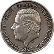 Niue Twelve Dollars Virgo 2024  CHARLES III NIUE 5OZ AG 999 TWELVE DOLLARS JC 2024 coin obverse Niue Twelve Dollars Virgo 2024  CHARLES III NIUE 5OZ AG 999 TWELVE DOLLARS JC 2024 coin obverse