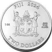 Fiji Two Dollars (John Kennedy) 1 OZ FIJI 2024 .999 FINE SILVER REREVAKA NA KALOU KA DOKA NA TUI TWO DOLLARS coin obverse Fiji Two Dollars (John Kennedy) 1 OZ FIJI 2024 .999 FINE SILVER REREVAKA NA KALOU KA DOKA NA TUI TWO DOLLARS coin obverse