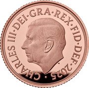 UK 1/2 Sovereign (Half. 200th Anni. of Jean Baptiste Merlen’s Shield Design) MJ CHARLES III DEI GRA REX FID DEF 2025 coin obverse
