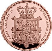 UK 1/2 Sovereign (Half. 200th Anni. of Jean Baptiste Merlen’s Shield Design) ARMA GEORGII IV BRITANNIARUM REGIS coin reverse