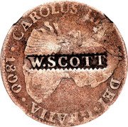 USA 1/4 Dollar (Hard Times Token. W. Scott Pittsburgh. PA. Counterstamped on a Mexico 1800 2 Reales) CAROLUS IIII DEI GRATIA 1808 coin obverse