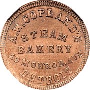 USA 1 Cent (Civil War Merchant Token. A.W. Copland Steam Bakery Detroit, Michigan) A.W. COPLAND'S STEAM BAKERY 20 MONROE, AVE DETROIT coin obverse USA 1 Cent (Civil War Merchant Token. A.W. Copland Steam Bakery Detroit, Michigan) A.W. COPLAND'S STEAM BAKERY 20 MONROE, AVE DETROIT coin obverse