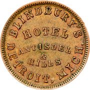 USA 1 Cent (Civil War Merchant Token. Blindbury's Hotel Detroit. Michigan) BLINDBUYRY'S HOTEL ANTISDEL & HILLS DETROIT, MICH. coin obverse USA 1 Cent (Civil War Merchant Token. Blindbury's Hotel Detroit. Michigan) BLINDBUYRY'S HOTEL ANTISDEL & HILLS DETROIT, MICH. coin obverse