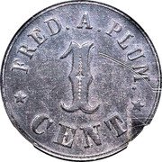 USA 1 Cent (Civil War Merchant Token. Fred A. Plum Goodyear Rubber Depot Troy. New York) FRED A PLUM 1 CENT coin obverse USA 1 Cent (Civil War Merchant Token. Fred A. Plum Goodyear Rubber Depot Troy. New York) FRED A PLUM 1 CENT coin obverse