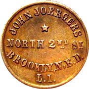 USA One Cent Civil War Merchant Token. John Joergers Brooklyn. NY ND (1861-1865)  JOHN JOERGERS NORTH 2ND ST BROOKLYN, E.D. L.I. coin obverse USA One Cent Civil War Merchant Token. John Joergers Brooklyn. NY ND (1861-1865)  JOHN JOERGERS NORTH 2ND ST BROOKLYN, E.D. L.I. coin obverse