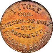 USA 1 Cent (Civil War Merchant Token. T. Ivory, Billiard Saloon Brooklyn. New York) T. IVORY COR. FULTON & ORANGE STS BROOKLYN BILLIARD SALOON coin obverse USA 1 Cent (Civil War Merchant Token. T. Ivory, Billiard Saloon Brooklyn. New York) T. IVORY COR. FULTON & ORANGE STS BROOKLYN BILLIARD SALOON coin obverse
