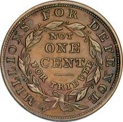 USA 1 Cent (Hard Times Token. Liberty. 15 Stars) MILLIONS FOR DEFENCE NOT ONE CENT FOR TRIBUTE coin reverse USA 1 Cent (Hard Times Token. Liberty. 15 Stars) MILLIONS FOR DEFENCE NOT ONE CENT FOR TRIBUTE coin reverse