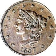 USA 1 Cent (Hard Times Token. Millions For Defence Large Date) UNITED 1837 coin obverse USA 1 Cent (Hard Times Token. Millions For Defence Large Date) UNITED 1837 coin obverse