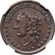 USA 1 Cent (Token. Liberty. Millions For Defence) E PLURIBUS UNUM 1837 coin obverse USA 1 Cent (Token. Liberty. Millions For Defence) E PLURIBUS UNUM 1837 coin obverse