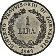 Italy 1 Lira (Lombardy Pattern) GOVERNO PROVVISORIO DI LOMBARDIA 1 LIRA 1848 coin obverse Italy 1 Lira (Lombardy Pattern) GOVERNO PROVVISORIO DI LOMBARDIA 1 LIRA 1848 coin obverse