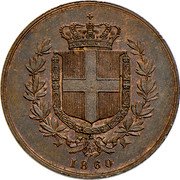Italy 1 Saggio (Di Bronzo Nichelifero. Smaller Lettering) 1860 coin obverse Italy 1 Saggio (Di Bronzo Nichelifero. Smaller Lettering) 1860 coin obverse