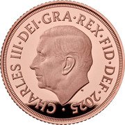 UK 1 Sovereign (200th Anniversary of Jean Baptiste Merlen’s Shield Design) MJ CHARLES III DEI GRA REX FID DEF 2025 coin obverse UK 1 Sovereign (200th Anniversary of Jean Baptiste Merlen’s Shield Design) MJ CHARLES III DEI GRA REX FID DEF 2025 coin obverse