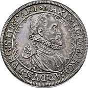 Austria 1 Thaler Maximilian III ND (1604-1606)  MAXIMIL:DG:ARCH:AV:DVX:BURG:STIR:CARI coin obverse Austria 1 Thaler Maximilian III ND (1604-1606)  MAXIMIL:DG:ARCH:AV:DVX:BURG:STIR:CARI coin obverse