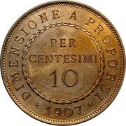 Italy 10 Centesimi Victor Emmanuel III Pattern 1907 R DIMENSIONE A PROPORSI PER CENTESIMI 10 1907 coin obverse
