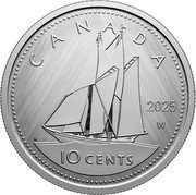Canada 10 Cents W Mint Mark. Bluenose 2025 W 10 CENTS 2025 CANADA W coin reverse Canada 10 Cents W Mint Mark. Bluenose 2025 W 10 CENTS 2025 CANADA W coin reverse