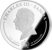 Samoa 10 Dollars (25th Anniversary of the Discovery of Nebra Sky Disk) DT CHARLES III SAMOA FA'AVAE I LE ATUA SAMOA 5 OZ AG 999 10 DOLLARS coin obverse