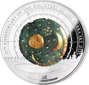 Samoa 10 Dollars (25th Anniversary of the Discovery of Nebra Sky Disk) 25TH ANNIVERSARY OF THE DISCOVERY OF THE NEBRA SKY DISK WORLD DOCUMENTARY HERITAGE 51º 17' 2" N 11º 31' 12 O 2024 coin reverse