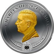 Samoa 10 Dollars (Majestic Wildlife. Deer) DT CHARLES III 2024 SAMOA FA'AVAE I LE ATUA SAMOA 5 OZ AG 999 10 DOLLARS coin obverse