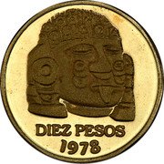 Mexico 10 Pesos (Cabeza De Coyolxauhqui. Pattern. No Obverse Legend) DIEZ PESOS 1978 coin reverse Mexico 10 Pesos (Cabeza De Coyolxauhqui. Pattern. No Obverse Legend) DIEZ PESOS 1978 coin reverse