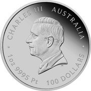 Australia 100 Dollars Year of the Snake 2025 P Proof CHARLES III AUSTRALIA 1 OZ 9995 PT 100 DOLLARS DT coin obverse Australia 100 Dollars Year of the Snake 2025 P Proof CHARLES III AUSTRALIA 1 OZ 9995 PT 100 DOLLARS DT coin obverse