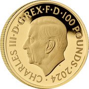 UK 100 Pounds (Paul McCartney) CHARLES III D G REX F D 100 POUNDS 2024 MJ coin obverse UK 100 Pounds (Paul McCartney) CHARLES III D G REX F D 100 POUNDS 2024 MJ coin obverse