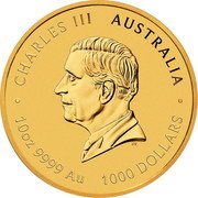 Australia 1000 Dollars (Lunar Series. Year of the Snake) CHARLES III AUSTRALIA 10 OZ 9999 AU 1000 DOLLARS DT coin obverse Australia 1000 Dollars (Lunar Series. Year of the Snake) CHARLES III AUSTRALIA 10 OZ 9999 AU 1000 DOLLARS DT coin obverse