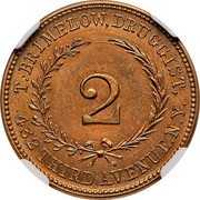 USA 2 Cents (Civil War Merchant Token. T. Brimelow Druggist New York City) T. BRIMELOW DRUGGIST 432 THIRD AVENUE NY 2 coin reverse USA 2 Cents (Civil War Merchant Token. T. Brimelow Druggist New York City) T. BRIMELOW DRUGGIST 432 THIRD AVENUE NY 2 coin reverse