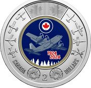 Canada 2 Dollars 100th Anniversary of the Royal Canadian Air Force. Colored 2024 PYF CANADA 2 DOLLARS 1924 2024 coin reverse Canada 2 Dollars 100th Anniversary of the Royal Canadian Air Force. Colored 2024 PYF CANADA 2 DOLLARS 1924 2024 coin reverse