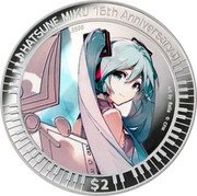 Cook Islands 2 Dollars (Elizabeth II Posthumous. Hatsune Miku) HATSUNE MIKU 16TH ANNIVERSARY .9999 ART BY RELLA ©CFM $2 coin reverse Cook Islands 2 Dollars (Elizabeth II Posthumous. Hatsune Miku) HATSUNE MIKU 16TH ANNIVERSARY .9999 ART BY RELLA ©CFM $2 coin reverse