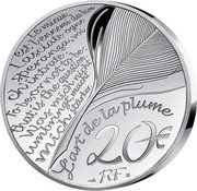 France 20 Euro (Luis Vaz de Camoes) LE MIEUX EST L’ENNEMI DU BIEN LASCIATE OGNE SPERANZA VOI CH’INTRATE TO BE OR NOT TO BE: THAT IS THE QUESTION WAS MICH NICHT UMBRINGT, MACHT MICH STÄRKER L'ART DE LA PLUME 20 € RF coin obverse